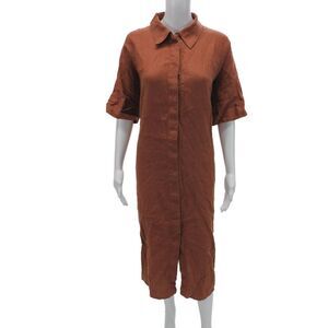 COS Women Linen Brown Shirt Dress Half Sleeve Collared Knee Length Size S